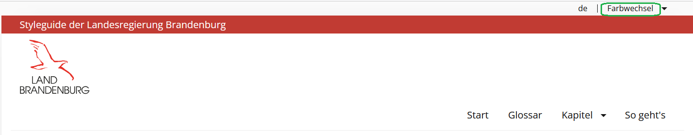 Das Bild zeigt den obersten Seitenbereich von styleguide.brandenburg.de. Dort befindet sich die sogenannte Toolbar. Ein Eintrag in der Toolbar ist der Farbwechsel. Dieser Eintrag ist farbig markiert.